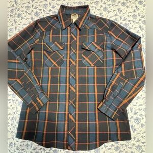LL Bean Men's flannel Plaid snap front Shirt - Blue & Orange plaid size L reg